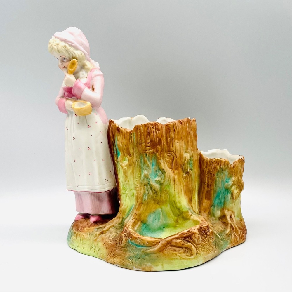 Antique‎ Porcelain Smoke Stand Girl by Tree Stump Figurine European Spill Vase